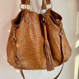 G.I.L.I Ostrich-Embossed Leather Shoulder Bag​ Cognac